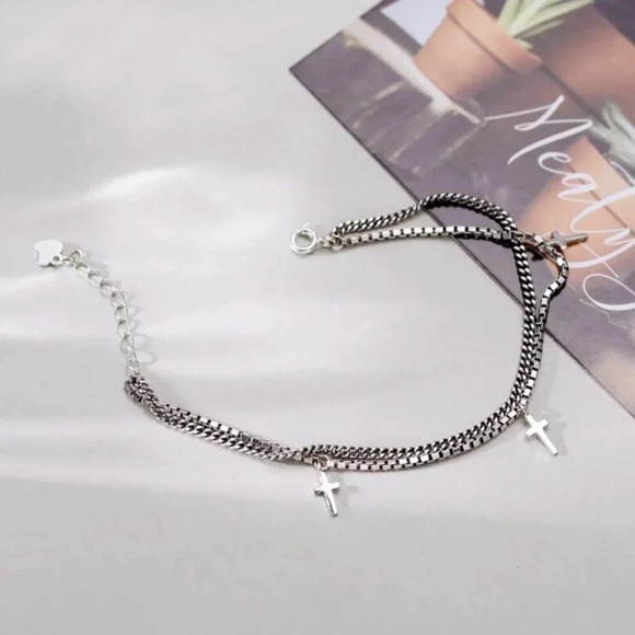 925 Sterling Silver Dainty Minimalist Cross Bracelet Layered Box Chain Bracelet - Picture 2 of 5